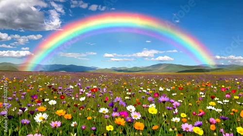 Blooming Wildflower Field with Rainbow Under Blue Sky Daytime