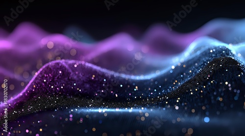 Abstract digital wave visualization with glowing particles in purple and blue gradient against black background, creating futuristic technology concept.