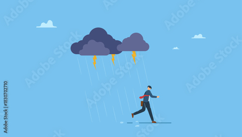 Businessman run away from thunder storm raining. Runaway from crisis, catastrophe misfortune situation, escape from disaster, bankruptcy or danger failure, overworked, anxiety or work stress.