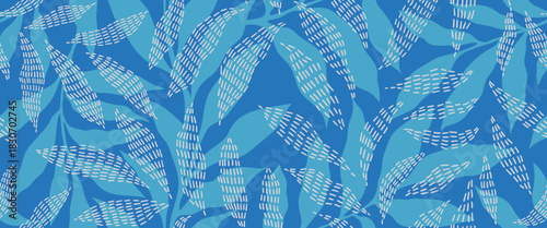 Abstract art vintage colors tropical line art leaves seamless background vector. Wallpaper design with leaves shapes and scribble doodle linear leaf. vintage botanical floral seamless pattern