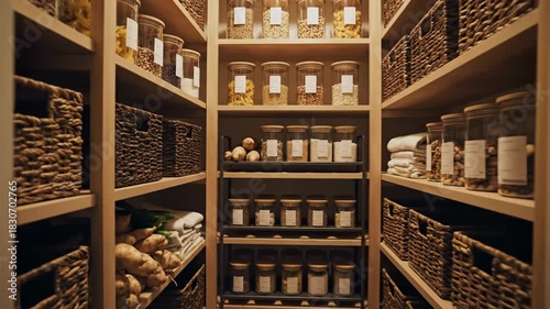 Organized Pantry Storage Filled With Jars, Baskets, and Shelves Showing Food and Groceries