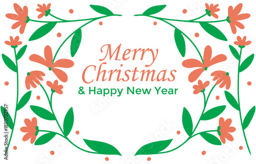 Festive Christmas greeting card with floral frame and holiday wishes, simple design.