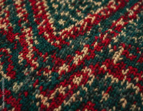Festive knitted fabric with glitter and striped pattern resembling Christmas ornaments
