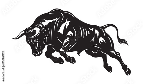 Powerful black bull charging forward with intensity and strength