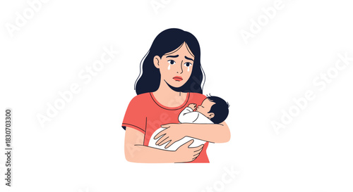 Heartbroken young mother crying while holding her sleeping newborn baby symbolizing postpartum depression or anxiety.