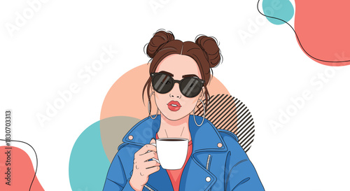 Fashionable young woman with hair buns and sunglasses drinking from a coffee mug against a modern abstract background.