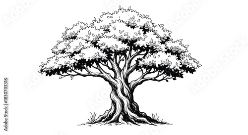 Intricate black and white ink drawing of a large old oak tree with a twisted trunk and a full canopy of leaves.