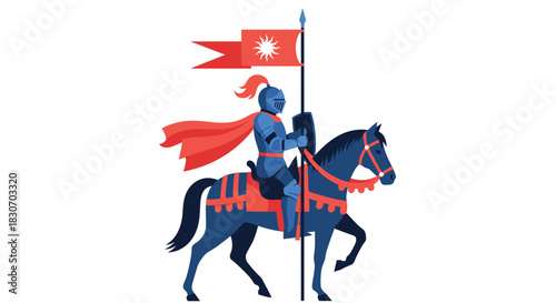Medieval knight in full blue armor with a red cape riding a horse and holding a flag with a sun symbol on it.