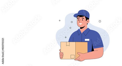 Friendly delivery man in a blue uniform and cap smiling while holding a cardboard package for shipping and logistics services illustration.