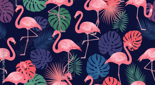 Seamless tropical pattern featuring elegant pink flamingos standing among vibrant monstera and palm leaves on a dark navy blue background.
