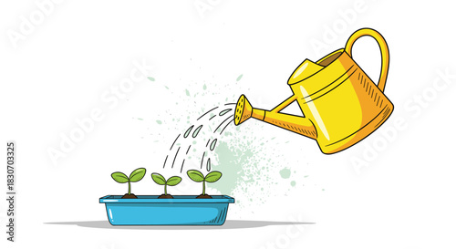 Hand-drawn illustration of a bright yellow watering can nurturing small green seedlings in a blue pot symbolizing growth and new beginnings.