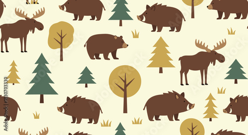 Adorable seamless woodland pattern with cute cartoon illustrations of brown bears moose and wild boars among forest trees and grass.
