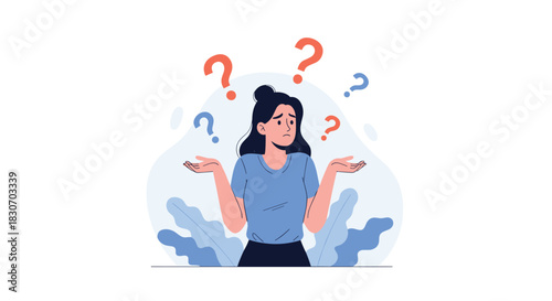 Confused young woman with a puzzled expression shrugging her shoulders surrounded by question marks symbolizing uncertainty and doubt.