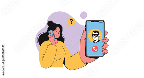 Worried woman receiving a fraudulent phone call from a scammer or hacker concept of online security cybercrime and phone scams.