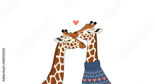 Adorable illustration of two loving giraffes cuddling together with one wearing a cozy blue sweater perfect for Valentine's Day.
