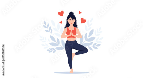 Peaceful woman practicing yoga in the tree pose surrounded by hearts and leaves symbolizing mindfulness self-love and healthy living.