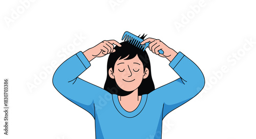 Person with a peaceful expression combing their black hair with a blue comb as part of a daily self-care and grooming routine.