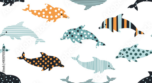 Seamless pattern of colorful and playful dolphins with various geometric patterns like polka dots and stripes on a white background.