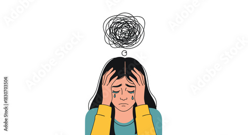 Depressed and anxious young woman crying with a tangled scribble over her head symbolizing stress mental disorder and confused thoughts.