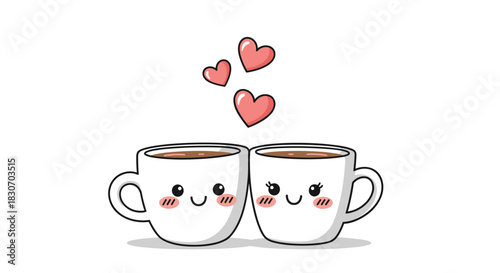 Adorable kawaii illustration of two coffee mugs in love cuddling together with floating pink hearts concept for a coffee date.