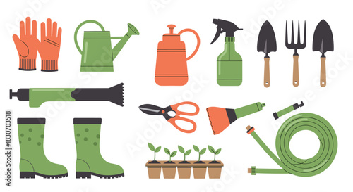 Comprehensive collection of essential gardening tools and equipment including boots a watering can shovel and seedlings for planting.