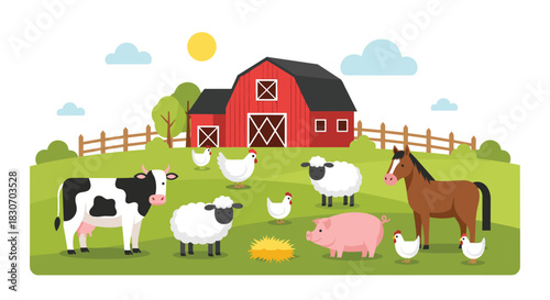 Cheerful cartoon illustration of a farm scene with various animals like a cow sheep and horse grazing happily in a green field.