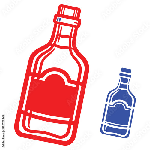 Stylized ketchup bottle and small blue sauce bottle illustration on a white background perfect for menus and food illustrations