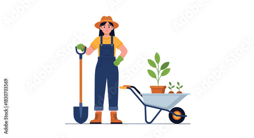 Smiling young woman in a cozy blue sweater and beanie stirring a warm drink in a heart mug on a cold winter day illustration.