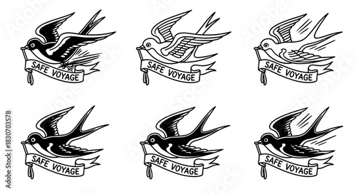 Set of Six Traditional Tattoo Style Swallows with Safe Voyage Banners.