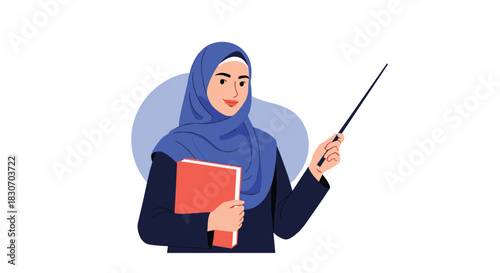 Young Muslim female teacher wearing a blue hijab holds a book and a pointer while smiling and preparing for a lesson.