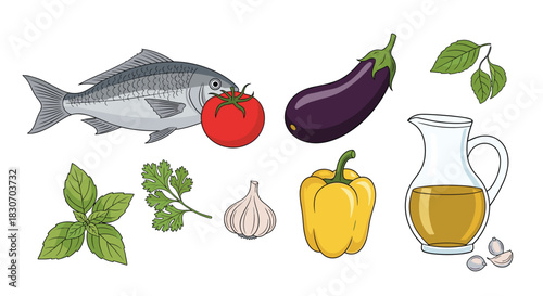 Collection of fresh Mediterranean food ingredients including fish tomato eggplant pepper herbs garlic and olive oil for healthy cooking.