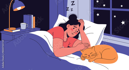 Stressed woman suffering from insomnia lies awake in bed at night while her cute orange cat sleeps peacefully beside her.