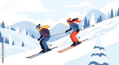 Young couple wearing warm winter clothes and goggles skiing together down a snowy mountain slope with a forest in the background.