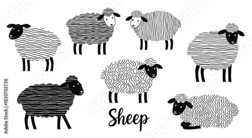 Collection of cute stylized sheep with various abstract hand-drawn doodle patterns on their wool in a black and white design.