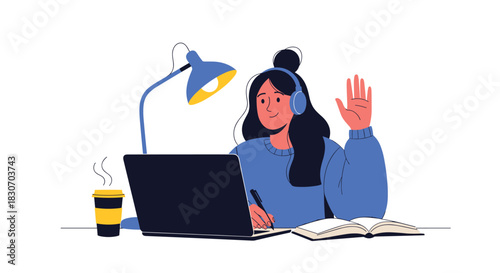 Happy young woman wearing headphones participates in an online class or video conference waving at her laptop screen at home.