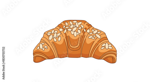 Deliciously baked golden-brown croissant pastry topped with toasted almond flakes in a detailed and appetizing cartoon illustration.