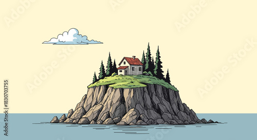 Scenic hand-drawn illustration of a secluded house nestled among pine trees on top of a rocky cliff island in the middle of the sea.