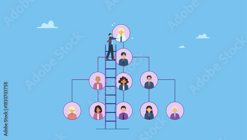 Businessman put CEO on org chart. CEO, company leader or executive position, organization chart, hierarchy or team structure, role and responsibility, supervisor, department or division.