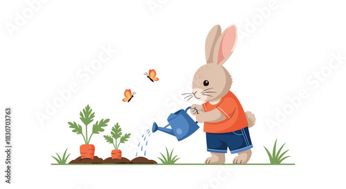 Adorable cartoon rabbit wearing clothes joyfully waters a patch of growing carrots in the garden with a blue watering can.