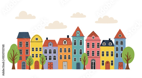 Charming city street scene with a row of colorful and cute cartoon houses and green trees under a cloudy sky illustration.