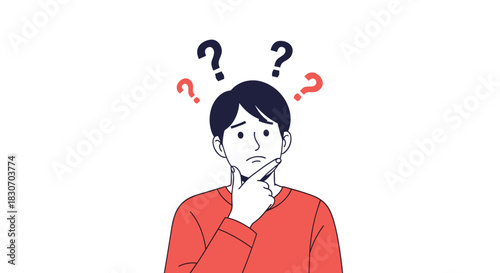 Confused young man thinking with his hand on his chin surrounded by question marks symbolizing doubt and curiosity.