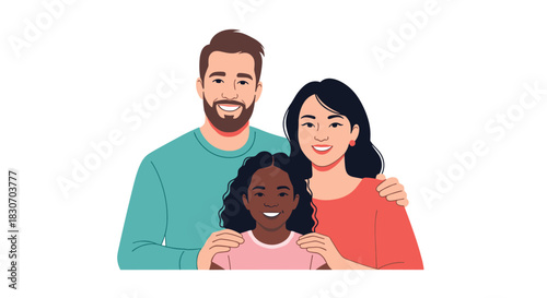 Happy multicultural family portrait with a caucasian father an asian mother and their adopted black daughter smiling together.