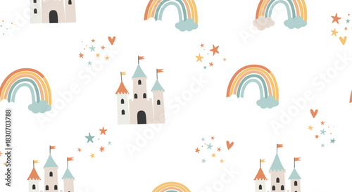 Seamless fairy tale pattern for children with cute castles rainbows hearts and stars in a whimsical pastel color palette.