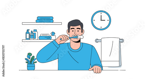 Young man in his bathroom brushing his teeth in front of a mirror as part of his daily morning hygiene routine.