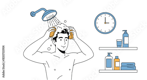 Young man taking a shower and washing his hair with shampoo as part of his daily personal hygiene and morning routine.