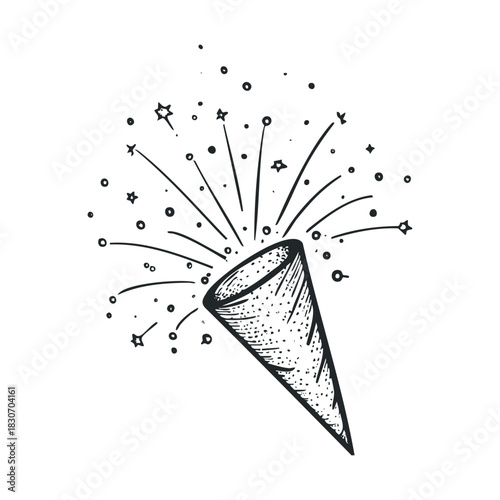 Sketch of a party popper exploding with stars.
