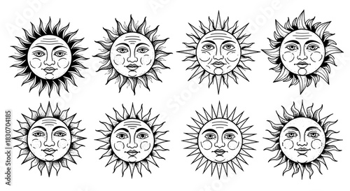 Collection of Eight Vintage Sun Face Illustrations with Detailed Features.