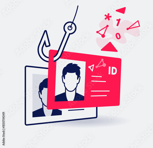 Identity theft symbol with an id card and fishing hook stealing personal information. Easy to use for your website or presentation.