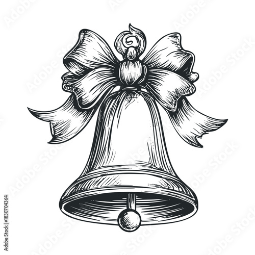 Sketch of a ringing bell tied with a large bow.