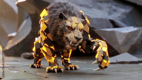Geometric Lion Walking Menacingly in Dark Cave
